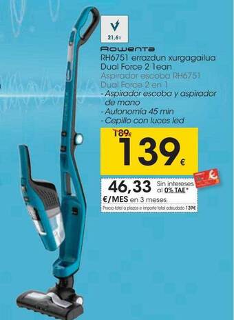Eroski Rowenta Aspirador Escoba Rh6751 Dual Force 2 En 1 oferta