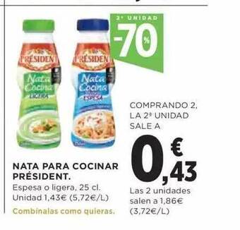 Hipercor 2a Unidad -70% Nata Para Cocinar Président oferta