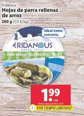 Lidl Eridanous Hojas De Parra Rellenas De Arroz oferta
