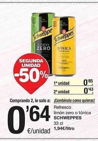 SPAR Fragadis Segunda Unidad -50% Refresco Limón Zero O Tónica Schweppes oferta
