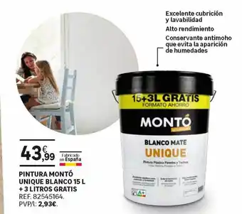 Leroy Merlin Pintura Montó Unique Blanco 15 L + 3 Litros Gratis oferta