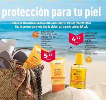 ALDI Mildeen Sun Care Crema Solar Facial Antiedad Fps 50+ Spray Solar Transparente Fps 30 oferta