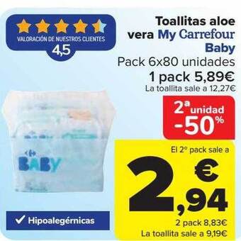 Carrefour 2a Unidad -50% Toallitas Aloe Vera My Carrefour Baby oferta
