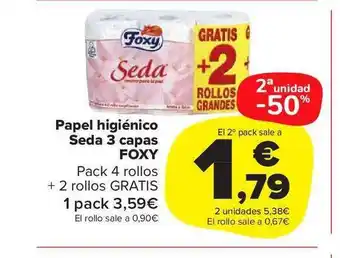Carrefour Market 2a Unidad -50% Papel Higiénico Seda 3 Capas Foxy oferta