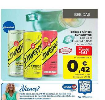 Carrefour 2a Unidad -50% Tónicas O Cítricos Schweppes oferta
