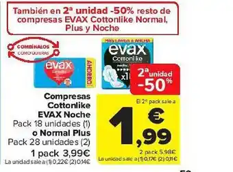 Carrefour 2a Unidad -50% Compresas Cottonlike Evax Noche O Normal Plus oferta