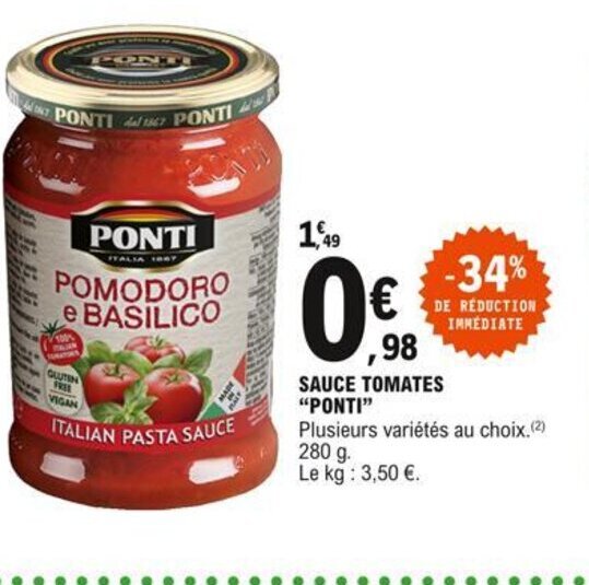 Promo Sauce Tomates Ponti chez E.Leclerc