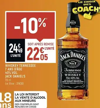 Spar Jack daniel's Whiskey Tennessee 7 Ans d'âge offre