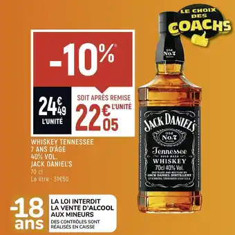Spar Jack daniel’s whiskey tennessee 7 ans d’âge 40% vol. offre