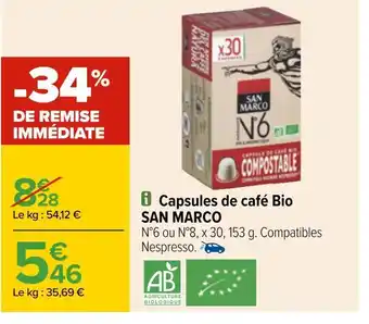 Carrefour San marco capsules de café bio offre