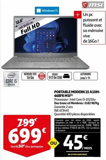 Auchan Portable modern 15 a10m- 668fr msi offre