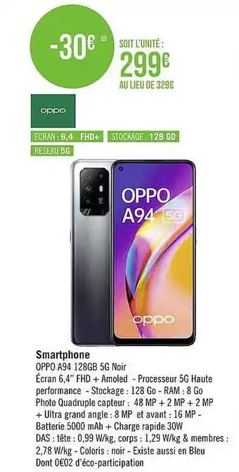 Géant Casino Smartphone Oppo A94 128gb 5g Noir offre