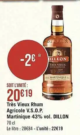 Géant Casino Très Vieux Rhum Agricole V.s.o.p. Martinique 43% Vol. Dillon offre