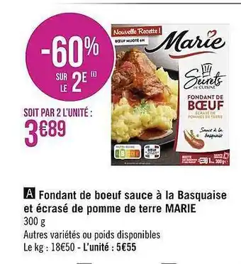 Géant Casino Fondant De Boeuf Sauce à La Basquaise Et écrasé De Pomme De Terre Marie offre