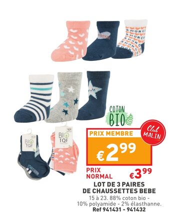 Trafic Lot de 3 paires de chaussettes bebe offre