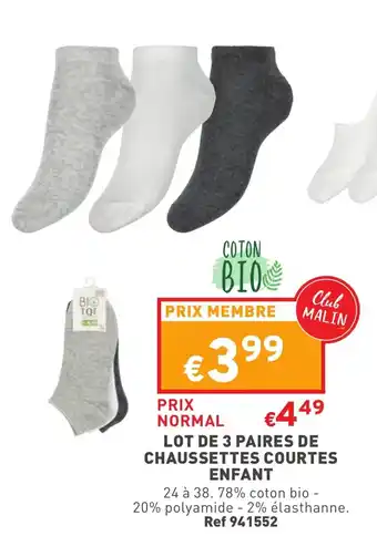 Trafic Lot de 3 paires de chaussettes courtes enfant offre