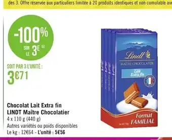 Casino Supermarchés Chocolat Lait Extra Fin Lindt Maître Chocolatier offre