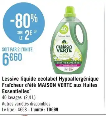 Casino Supermarchés Lessive Liquide Ecolabel Hypoallergénique Fraîcheur d'été Maison Verte aux Huiles Essentielles offre