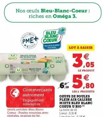 Hyper U Oeufs De Poules Plein Air Calibre Mixte Bleu Blanc Cœur U Bio offre