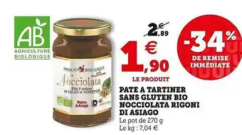 U Express Pâte à Tartiner Sans Gluten Bio Nocciolata Rigoni Di Asiago offre