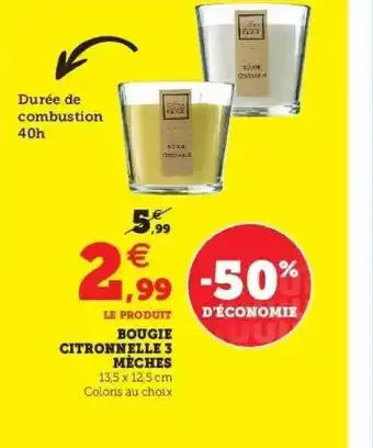 Super U Bougie Citronnelle 3 Mèches offre