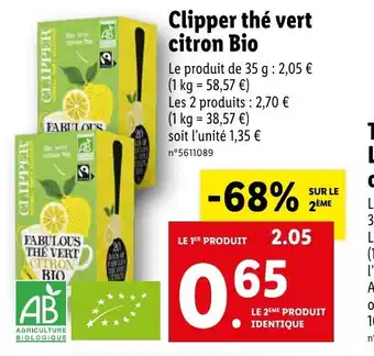 Lidl Clipper Thé Vert Citron Bio offre