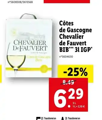 Lidl Côtes de Gascogne Chevalier de Fauvert Bib 3I IGP offre