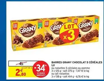 Intermarché Hyper Barres Grany Chocolat 5 Céréales Lu offre