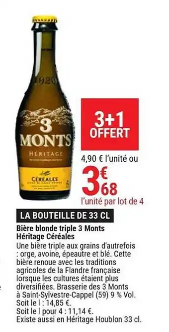 Gamm vert Bière Blonde Triple 3 Monts Héritage Céréales offre