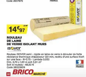 Bricomarché Rouleau De Laine De Verre Isolant Murs Isover offre