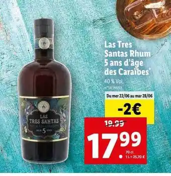 Lidl Las Très Santas Rhum 5 Ans D'âge Des Caraïbes offre