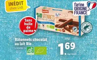 Lidl Bâtonnets Chocolat Au Lait Bio offre