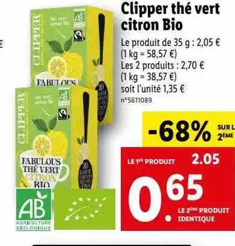 Lidl Clipper Thé Vert Citron Bio offre