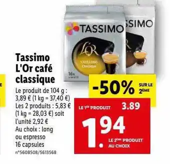 Lidl Tassimo L'or Café Classique offre