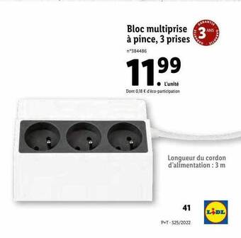 Lidl Bloc Multiprise à Pince, 3 Prises offre