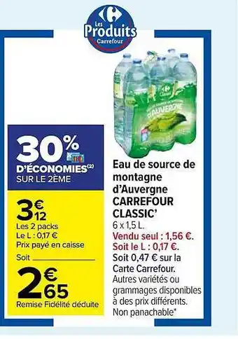 Carrefour Market Eau De Source De Montagne D'auvergne Carrefour Classic' offre