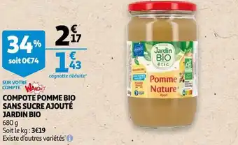 Auchan Jardin bio compote pomme bio sans sucre ajouté offre