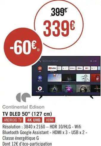 Géant Casino Continental edison tv qled 50’’ (127 cm) offre