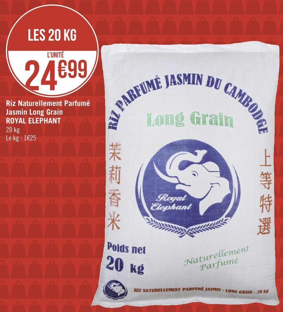 Sac De Riz Long Royal Elephant Jasmin 20 Kg Promo Royal elephant riz naturellement parfumé jasmin long grain chez Géant  Casino