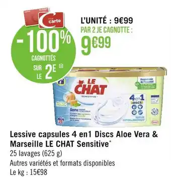 Géant Casino Le chat lessive capsules 4 en1 discs aloe vera & marseille sensitive* offre
