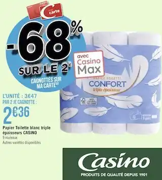 Géant Casino Casino papier toilette blanc triple épaisseurs offre