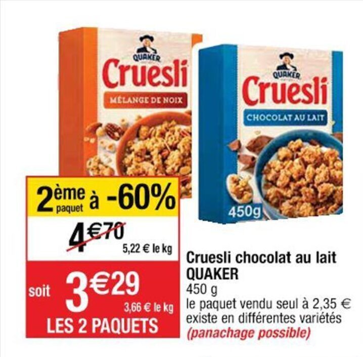 Promo Cruesli Chocolat Au Lait Quaker chez Cora