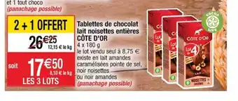 Cora x Carrefour Côte d'Or Tablettes de Chocolat Lait Noisettes Entières offre