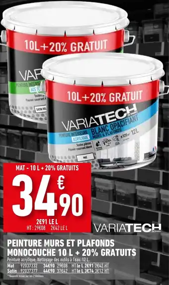 Variatech Peinture Murs Et Plafonds Monocouche 10L +20% Gratuits