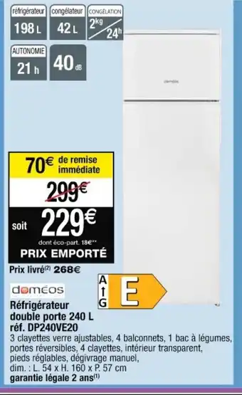 Cora x Carrefour Réfrigérateur Double Porte 240L offre