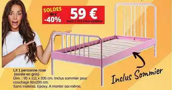 KREABEL Lit 1 Personne Rose offre