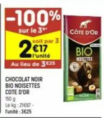 Leader Price Chocolat Noir Bio Noisettes Cote d'Or offre