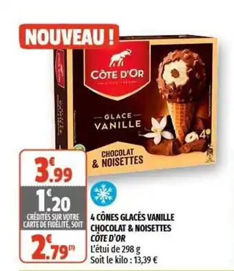 Coccimarket COTE D'OR 4 cônes glacés vanille chocolat & noisettes offre