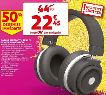 Auchan Denver casque bluetooth sans fil bth-250 noir offre