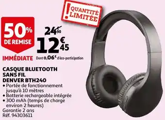Auchan Denver casque bluetooth sans fil bth-250 noir offre
